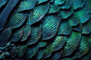 Iridescent reptile dragon scales in blue and green, background, wallpaper created with Generative AI technology