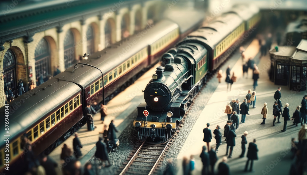 Wall mural railway station with steam locomotive. vintage style toned picture. tilt-shift photograph, selective