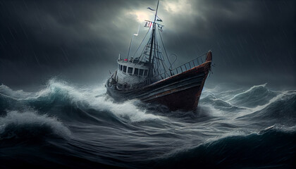 Obraz premium Fishing boat in stormy sea. Generative AI