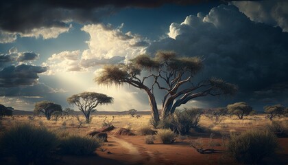 Fototapeta na wymiar African savannah landscape with acacia trees and sand dunes. Generative AI