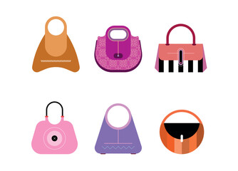 Colored design elements isolated on a white background Handbags and Clutches vector icon set. Collection of fashionable stylish women's handbags.