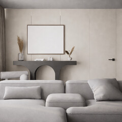 Blank picture frame mockup on a wall in living room interior. Artwork template mock up in interior design. View of industry style interior with sofa 