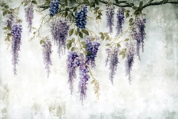 Blooming wisteria and grey textured background,  generative AI wallpaper - obrazy, fototapety, plakaty
