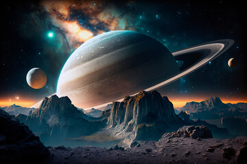 Sci-fi  fantasy landscape with Saturn planet in outer space background and rock surface of some planet, generative AI wallpaper