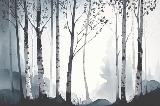 Birch trees black and white watercolour landscape, generative AI wallpaper