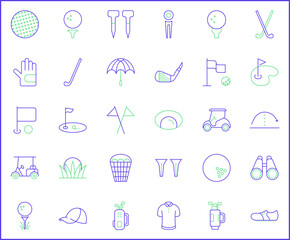 Simple Set of golf Related Vector Line Icons.Vector collection of sport, ball, field, stick, glove, cart, umbrella, flag and design elements symbols or logo element.