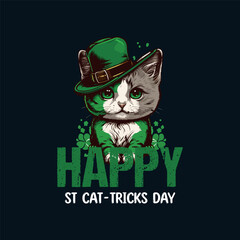 Happy st cat-tricks day, cool cat wear wear Irish hat, funny st patricks day theme T-shirt design vector,
