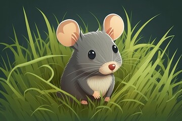 Wild gray mouse on green grass. Generative AI