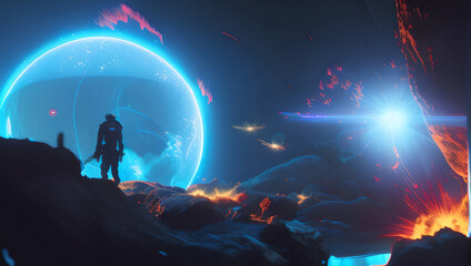 Sci-Fi Alien Landscape with Silhouette of an Astronaut Glowing Insects Bright Blues Sphere Generative AI illustration