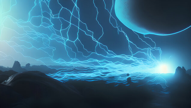 Alien Landscape with Wild Electrical Bolts Flowing Across Ground and Sky Generative AI illustration