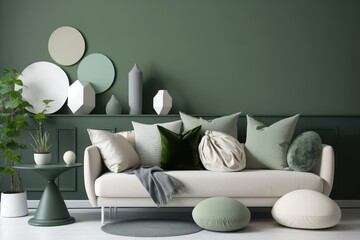 The chic arrangement of the green wall, the design gray sofa, the coffee table, the dark ornament, and the attractive personal accessories in the living room. Pillow with a neutral beige hue. Comforta