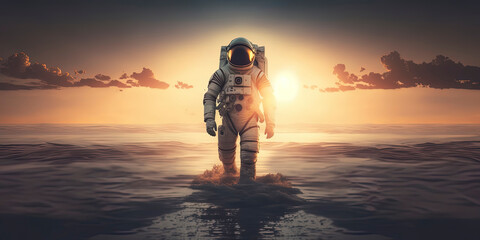 Astroanut coming out of the sea with sunset in background.