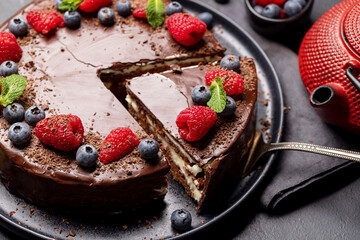 Chocolate cake dessert with berries