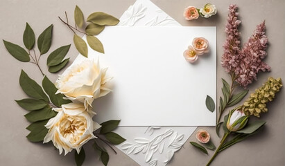 Beautiful luxury wedding stationery flatlay with floral decor, blank paper invitation, letter or gift card and blooming flowers, empty copyspace for mockup, generative AI.