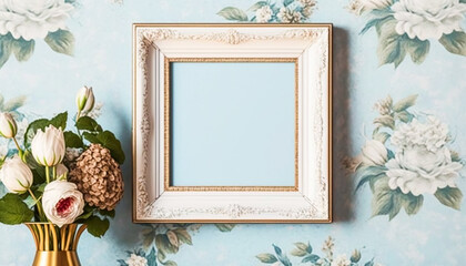 Beautiful antique wooden square frame, classic English countryside style room decor, for photo, print or painting mockup, generative AI.