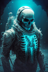 Fototapeta premium Firefly bacteria ghostly glow armour spacesuit with grinning death skull on the surface of Europa AI-Generated