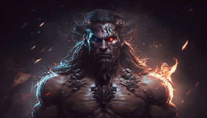 Male barbarian epic sceen with dark background