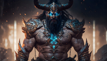 Male barbarian epic sceen with dark background