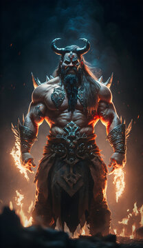 Male barbarian epic sceen with dark background