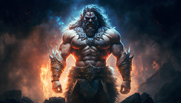 Male barbarian epic sceen with dark background