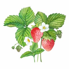Strawberry plant with red berries, watercolor painting. Design for groceries, farm products, tea, natural cosmetics. Summer garden design element.
