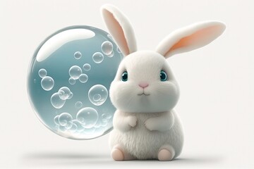 Naklejka na ściany i meble Soap bubble loving white bunny cartoon character. Generative AI
