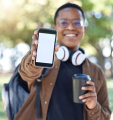 Black man, phone screen mockup and portrait of a gen z student in the morning with bokeh. Smile, blurred background and mock up for social media, brand marketing and networking message outdoor