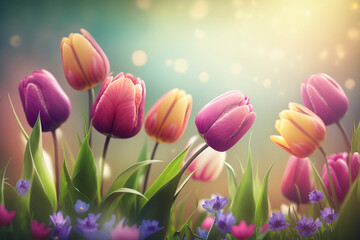 Easter celbration background with colorful tulips on the table and easter eggs, AI generated