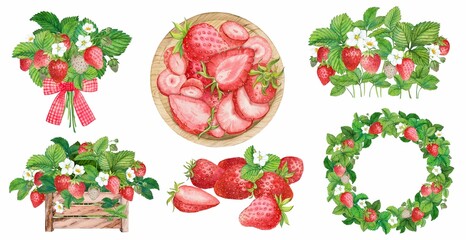 Farm strawberries, large watercolor set. Harvest of ripe berries. Strawberries in a wooden box, on a plate, in a bouquet. Clipart for the design of natural products.