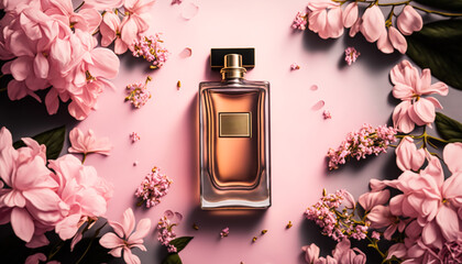 Luxury perfume with floral scent for women, glass fragrance bottle on pink flatlay background, generative AI. - obrazy, fototapety, plakaty