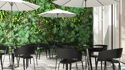 Outdoor vertical plant wall of tropical green tree of modern, luxury cafe garden with black round glass coffee table and stainless leg, white umbrella, chair on brick floor in sunlight. 3D background