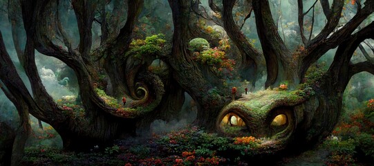 imaginative fantasy forest, foggy clouds, enchanted ancient oak trees, gnarled twisted branches and moss covered roots. lush green vegetation, bewitching woodland - high detail generative ai. 