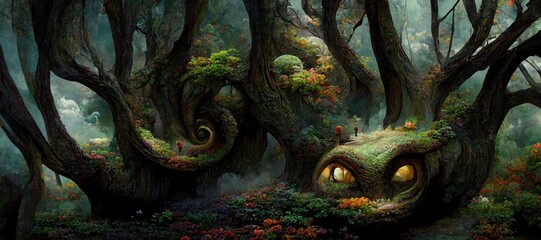 Naklejka premium imaginative fantasy forest, foggy clouds, enchanted ancient oak trees, gnarled twisted branches and moss covered roots. lush green vegetation, bewitching woodland - high detail generative ai. 