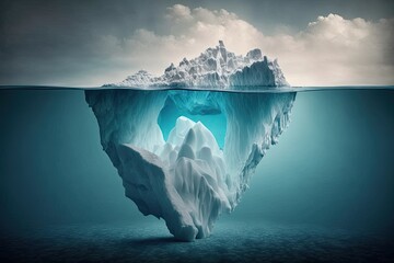 A large, white iceberg floating in the ocean. The idea of glaciers melting because of global warming. The undersea view from an iceberg in the ocean. Water so pure it sparkles. Invisible Threats and C