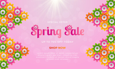 Spring sale banner background template design with colorful flowers for social media cards, vouchers, posters, flyers, invitations, and brochures