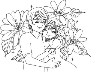 Fototapeta na wymiar love marry couple love cartoon doodle kawaii anime coloring page cute illustration drawing clip art character chibi manga comic