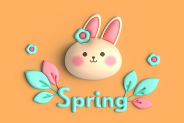 Spring celebration with cute bunny on yellow background greeting card, 3D trendy render photo