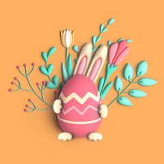 Happy Easter greeting card, with bunny, eggs and flowers on yellow background, 3D trendy render photo