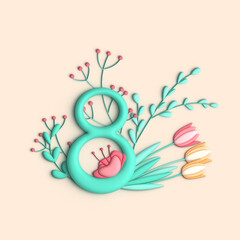 Women's day greeting card with flowers on yellow background, 3D trendy render photo