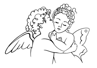 Tender vintage print, tattoo or sketch.Loving couple of angels kisses . Isolated on white monochrome vector sketch.Hand-drawn doodle art. Classic valentine character of a boy and a girl.