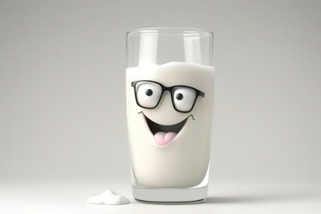 Funny glass of milk with a happy face wearing glasses. Cartoon character.