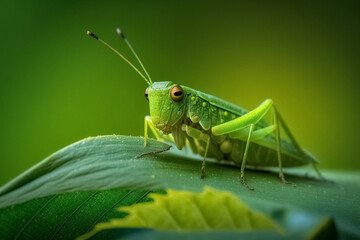 Closeup of green grasshopper cricket eating and destroying leaves, natural green background. generative ai
 - obrazy, fototapety, plakaty
