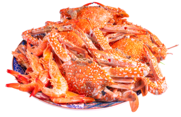 Seafood dish, steamed and cooked blue crab on white PNG File.