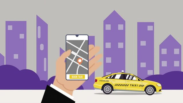 Online taxi service, Booking car with mobile app. App cab service, mobile app cab, car sharing service. 2d animation. 