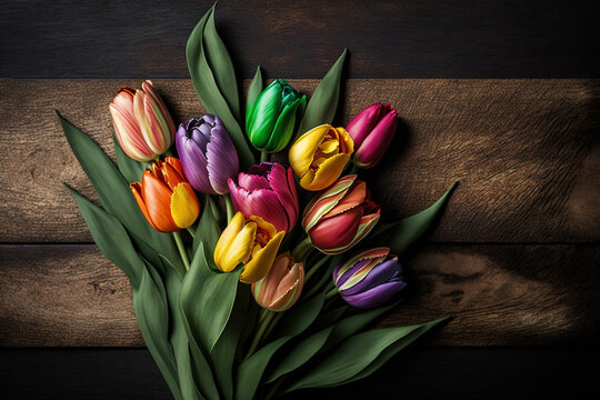 An arrangement of colorful tulip flowers on a wooden table, Generative AI