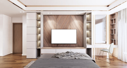 Frame mockup in modern Bedroom interior background. 3D illustration