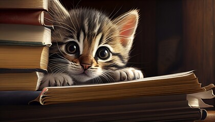 The image features a cute and playful tabby kitten peeking out from behind a book. The kitten is small and fluffy, with bright eyes and a curious expression.