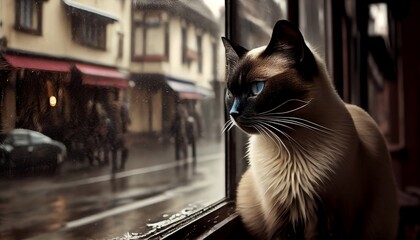 The image features a beautiful cat perched on a windowsill, gazing out at the world beyond. The cat eyes are focused intently on something outside, with a look of curiosity and interest on its face.