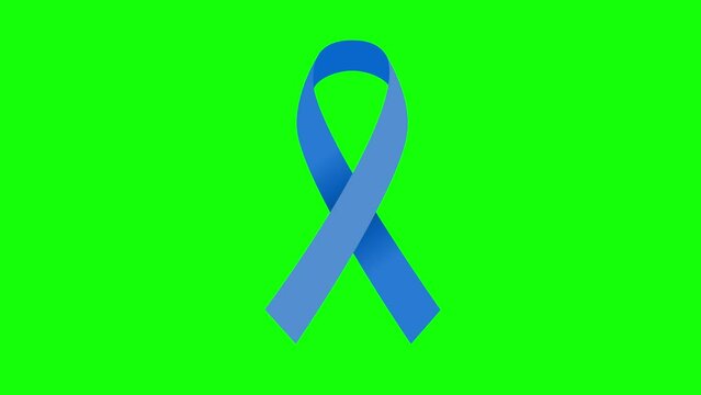 4K Blue color mourning ribbon stock animation. Slow motion blue color cancer awareness video. Green screen for chroma keying.