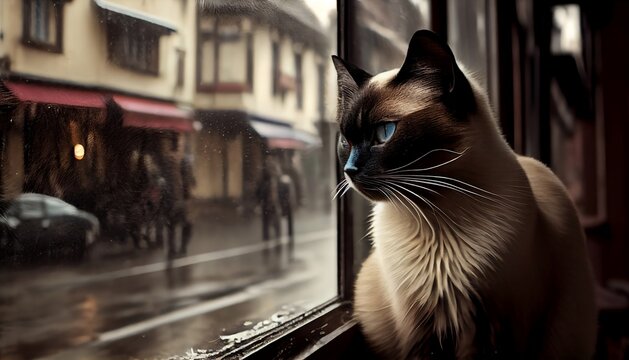 The image features a beautiful cat perched on a windowsill, gazing out at the world beyond. The cat eyes are focused intently on something outside, with a look of curiosity and interest on its face.